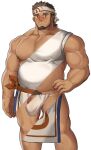  1boy bara bare_arms bare_pectorals beard belly brown_hair bulge commission facial_hair feet_out_of_frame flaccid fundoshi headband highres japanese_clothes large_pectorals male_focus male_pubic_hair mature_male muscular muscular_male mustache nipples original pectorals penis penis_peek plump pubic_hair revealing_layer short_hair sleeveless solo standing tekkowang thick_eyebrows thick_thighs thighs white_headband 
