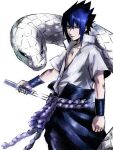  1boy bangs blue_hair clenched_hand cowboy_shot grey_shirt hair_between_eyes heterochromia high_collar holding holding_sword holding_weapon katana looking_at_viewer male_focus naruto_(series) naruto_shippuuden purple_belt purple_eyes red_eyes reverse_grip rinnegan rope_belt sharingan sheath shirt short_hair short_sleeves simple_background snake solo standing sword uchiha_sasuke unsheathing weapon white_background wristband 