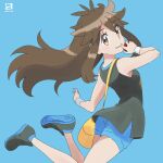  1girl bag bangs blue_background blue_shorts brown_eyes brown_hair commentary_request dated eyebrows_visible_through_hair eyelashes floating_hair from_side green_(pokemon) hair_flaps hand_up highres holding holding_poke_ball long_hair looking_to_the_side messenger_bag miyahara_takuya parted_lips poke_ball pokemon pokemon_(game) pokemon_lgpe shirt shoes shorts shoulder_bag sidelocks simple_background sleeveless sleeveless_shirt smile sneakers solo wristband 