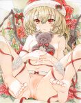  1girl absurdres barefoot blonde_hair breasts cameltoe crystal flandre_scarlet hat highres kisarush lying marker_(medium) navel on_back one_side_up parted_lips red_eyes santa_hat small_breasts solo spread_legs stuffed_animal stuffed_toy teddy_bear toes touhou traditional_media wings 