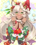  1girl animal_ears bow bridal_gauntlets christmas dark-skinned_female dark_skin erune fang flower granblue_fantasy green_eyes grey_hair hands_on_own_face hat highres long_hair nemone pilokey polka_dot polka_dot_background santa_hat 