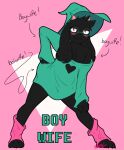  anthro baggy_clothing black_body black_fur blush bottomless bovid caprine chest_tuft clothed clothing deltarune english_text eyewear feelin_synful floppy_ears fur girly glasses goat hat headgear headwear horn looking_at_viewer loose_shirt male mammal pink_eyes pink_horn ralsei shirt signature solo standing text topwear tuft undertale_(series) video_games 