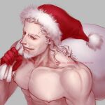  1boy abs bara beard christmas facial_hair from_above gloves goatee hat highres holding holding_sack i_reibun large_pectorals long_hair male_focus mature_male muscular muscular_male mustache nipples nude old old_man pectorals red_gloves sack santa_hat smile solo white_hair 