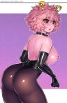  1girl artist_name ashido_mina ass bare_back black_collar black_gloves black_leotard blush boku_no_hero_academia breasts collar colored_skin commentary cowboy_shot curvy elbow_gloves from_behind from_side gloves highleg highleg_leotard large_breasts latex latex_gloves leotard looking_back nipples open_mouth pink_hair pink_skin playboy_bunny plump shiny shiny_clothes shioboi short_hair sideboob simple_background solo strapless strapless_leotard thighs two-tone_background yellow_eyes 