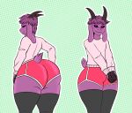  ambiguous_gender anthro big_butt bottomwear bovid butt butt_focus caprine clothing front_view fur girly goat hair hi_res horn hotpants legwear looking_at_viewer male mammal pear-shaped_figure purple_body purple_eyes purple_fur purple_hair shorts simple_background smile solo thick_thighs thigh_highs wide_hips 