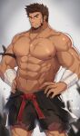  1boy abs absurdres bandaged_arm bandages bara beard brown_eyes brown_hair cowboy_shot cross_scar dark-skinned_male dark_skin facial_hair frown highres large_pectorals looking_at_viewer male_focus mature_male mint muscular muscular_male navel nipples original pants pectorals scar scar_on_chest short_hair sideburns solo spiked_hair stomach tekkowang topless_male torn_clothes torn_pants 