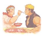  2boys bara blush bowl brown_hair dark-skinned_male dark_skin facial_hair feeding from_side goatee holding holding_bowl holding_spoon long_sideburns male_focus multicolored_hair multiple_boys muscular muscular_male pectoral_cleavage pectorals pointy_ears short_hair sideburns sleeveless smile snowflakes spoon sweatdrop tetsuya_(housamo) tokyo_afterschool_summoners tomte_(housamo) tsuna_(so_da77) two-tone_hair upper_body white_hair yaoi 