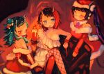  3girls alternate_costume bangs black_hair blue_eyes blue_hair blush breasts candle chain closed_mouth commentary_request crossed_legs demon_girl demon_horns demon_tail dress ear_chain ear_piercing feet_out_of_frame fishnet_legwear fishnets hat highres holding holding_candle horns kojo_anna large_breasts long_hair long_sleeves looking_at_viewer multicolored_hair multiple_girls off-shoulder_dress off_shoulder one_eye_closed piercing pointy_ears purple_hair red_dress red_eyes red_hair ryugasaki_rene santa_costume santa_hat shio_midori shishio_chris short_hair smile sugar_lyric tail tongue tongue_out twintails two-tone_hair virtual_youtuber 