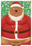  2021 anthro belly black_nose blush brown_body christmas christmas_clothing christmas_headwear clothed clothing dibujospedorros genitals hat headgear headwear hi_res holidays male mammal one_eye_closed overweight overweight_male penis santa_claus santa_hat solo ursid wink 