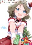 1girl absurdres bangs belt blue_eyes blush breast_squeeze breasts brown_hair christmas christmas_tree cleavage cowboy_shot detached_collar earrings fur_trim gift hairband hat highres jewelry looking_at_viewer love_live! medium_breasts merry_christmas midriff mini_hat mini_top_hat open_mouth reaching_out santa_costume signature skirt sky-blue1104 smile solo swept_bangs top_hat watanabe_you 