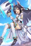  1girl :d bandages black_hair breasts day dress elbow_gloves floating gloves gonzarez hammer highres holding holding_hammer kasandra_(xenoblade) levitation long_hair looking_at_viewer mask medium_breasts outdoors pointy_ears red_eyes short_dress sky smile teeth thighhighs upper_teeth xenoblade_chronicles_(series) xenoblade_chronicles_2 