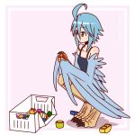  1girl ahoge bird_legs block blue_hair blue_wings claws commentary cup digitigrade english_commentary eyebrows_visible_through_hair feathered_wings feathers harpy holding holding_cup monster_girl monster_musume_no_iru_nichijou papi_(monster_musume) pink_background short_hair silent-shanin solo squatting talons tank_top toy two-tone_background white_background winged_arms wings yellow_eyes 