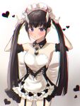  1girl apron azur_lane bangs black_hair hair_ornament heart heart_hair_ornament highres horns kuon_(kuon) long_hair looking_at_viewer maid maid_apron noshiro_(azur_lane) oni_horns purple_eyes solo very_long_hair 