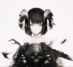  1girl bare_shoulders bird black_flower black_hair black_rose blank_eyes bone bug centipede demon_girl flower frown gyup highres holding holding_skull horns horror_(theme) hummingbird locust monochrome muted_color original rose short_hair simple_background skull solo vulture white_background 