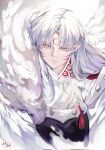  1boy closed_mouth eyebrows_visible_through_hair facial_mark from_above hair_between_eyes highres inuyasha inuyasha_(character) long_hair male_focus pointy_ears sagi_0116 signature solo tagme tassel white_background white_hair 