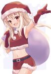  1girl absurdres bangs bare_shoulders blonde_hair blush breasts fate/grand_order fate_(series) fur-trimmed_headwear fur_trim gloves hat highres illyasviel_von_einzbern long_hair looking_at_viewer navel open_mouth pan_korokorosuke red_eyes red_gloves red_headwear sack santa_costume santa_hat smile solo 