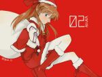  1girl 8gura_is blue_eyes blush boots character_name christmas gloves hat legs neon_genesis_evangelion red_background red_footwear santa_costume santa_hat solo souryuu_asuka_langley teenage twitter_username white_gloves 