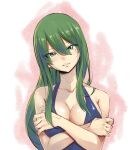  1girl bangs breasts cleavage collarbone crossed_arms eden&#039;s_zero eyebrows_visible_through_hair eyelashes green_eyes green_hair hair_between_eyes halterneck head_tilt highres large_breasts long_hair looking_at_viewer mashima_hiro parted_lips shiny shiny_hair sideboob sketch solo straight_hair upper_body very_long_hair white_background witch_regret 