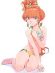  1girl akinbo_(hyouka_fuyou) bare_legs barefoot bikini brown_eyes closed_mouth collarbone cure_papaya earrings eyelashes green_ribbon hair_ornament halterneck jewelry long_hair looking_at_viewer makeup orange_hair precure ribbon shiny shiny_hair side-tie_bikini simple_background sitting smile solo swimsuit tied_hair tropical-rouge!_precure white_background yellow_bikini 