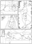  2018 4_toes 5_fingers absurd_res anthro barefoot beckoning bed bedroom belly big_belly black_and_white boxers_(clothing) breasts caleb_(foxcall) canid canine canis chest_tuft claws clothed clothing comic coyote digital_media_(artwork) digitigrade duo duo_radon eyes_closed feet female finger_claws fingers fox fur furniture gesture hair heart_boxers heart_underwear hi_res hindpaw humanoid_hands inviting living_room looking_at_another lying male male/female mammal monochrome navel on_bed on_side on_sofa overweight overweight_anthro overweight_female overweight_male panties paws pictographics romantic romantic_couple sandra_(foxcall) shirt sleeping smile sofa speech_bubble squeakie stairs standing thought_bubble toe_claws toes topless topless_male topwear tuft underwear 