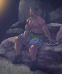  2boys abs alternate_costume areolae bara black_hair blush casual couple dark-skinned_male dark_skin facial_hair full_body goatee green_hair green_shorts holding_hands large_pectorals male_focus multicolored_hair multiple_boys muscular muscular_male nipples pectorals rock shoes short_hair shorts smile sneakers solo_focus stomach taurus_mask tokyo_afterschool_summoners topless_male tsuna_(so_da77) two-tone_hair yaoi 
