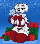  &lt;3 101_dalmatians 2021 anthro bedroom_eyes big_breasts black_body black_fur black_spots blue_background breast_squish breasts canid canine canis christmas cleavage cleavage_overflow clothed clothing curvy_figure dalmatian dialogue digital_media_(artwork) disney domestic_dog english_text eyelashes feet female fingers fur gift gift_wrapped grey_eyes hand_on_breast hi_res holidays hourglass_figure huge_breasts kneeling long_socks looking_at_viewer mammal mature_anthro mature_female mistletoe multicolored_body multicolored_fur narrowed_eyes nr_ac panties perdita plant seductive side-tie_panties simple_background smile snow snowing solo someth1ngoranother spots spotted_body spotted_fur squish tail_motion tailwag talking_to_viewer text thick_thighs toes tongue two_tone_body two_tone_fur under_boob underwear voluptuous white_body white_fur wide_hips 
