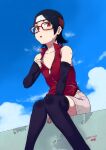  1girl bare_shoulders between_legs black_hair black_legwear blue_sky boruto:_naruto_next_generations cloud collarbone covered_nipples dated glasses hand_between_legs headband knees_together_feet_apart naruto_(series) red-framed_eyewear red_eyes red_headband sharingan short_hair signature sitting skindentation sky solo steam steaming_body sweat thighhighs tsukudani_(coke-buta) uchiha_sarada zipper zipper_pull_tab 