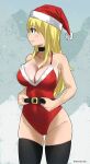  1girl belt blonde_hair blush breasts brown_eyes christmas fairy_tail gaston18 hat highres large_breasts lucy_heartfilia santa_costume santa_hat thighhighs 