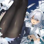  1girl back_bow bangs black_legwear blue_dress blue_eyes blue_sky blush bow breasts buttons cloud collared_shirt commentary_request dress feet_out_of_frame frills gominami green_ribbon hair_ribbon highres holding holding_knife izayoi_sakuya knife knives_between_fingers lace-trimmed_dress lace_trim legs_up looking_at_viewer lower_teeth maid maid_headdress medium_breasts nail_polish open_mouth pantyhose pink_nails puffy_short_sleeves puffy_sleeves rainbow_gradient ribbon sash shirt short_hair_with_long_locks short_sleeves sidelocks silver_hair sky solo teeth tongue touhou tress_ribbon twintails unconnected_marketeers white_sash wing_collar 