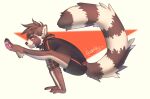  anthro black_clothing bottomwear brown_body brown_fur clothing fiuefey flexible fur handstand hoodie long_tail male mammal multicolored_body multicolored_fur orange_eyes pawpads procyonid raccoon shorts simple_background smile solo topwear two_tone_body two_tone_fur yoga 