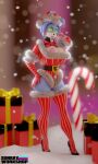  2020 3d_(artwork) absurd_res animatronic anthro areola big_breasts bow_tie breasts candy candy_cane christmas christmas_clothing christmas_headwear clothing dessert digital_media_(artwork) female five_nights_at_freddy&#039;s five_nights_at_freddy&#039;s_2 food gloves green_eyes handwear hat headgear headwear hi_res high_heels holidays lagomorph legwear leporid looking_at_viewer machine mammal rabbit robot santa_hat scottgames snow snowing solo standing sunr4y toy_bonnie_(fnaf) video_games 