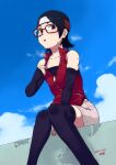  1girl bare_shoulders between_legs black_eyes black_hair black_legwear blue_sky boruto:_naruto_next_generations cloud collarbone dated glasses hand_between_legs headband knees_together_feet_apart naruto_(series) red-framed_eyewear red_headband short_hair signature sitting skindentation sky solo steam steaming_body sweat thighhighs tsukudani_(coke-buta) uchiha_sarada zipper zipper_pull_tab 