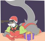  anthro big_butt butt clothed clothing dialogue fish gift hi_res john_(photolol.03) looking_at_viewer male male/male marine photolol.03 shark simple_background smile solo text thick_thighs tight_clothing wide_hips 