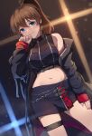 1girl bangs belly_chain black_coat black_shirt black_skirt blue_eyes blurry blurry_background brown_hair closed_mouth coat commentary crop_top dutch_angle earrings hair_tie half-closed_eyes hand_on_own_thigh hand_to_own_mouth idol idolmaster idolmaster_million_live! idolmaster_million_live!_theater_days jewelry kamille_(vcx68) long_sleeves looking_at_viewer medium_hair midriff miniskirt navel off_shoulder open_collar ponytail satake_minako shirt skirt sleeveless sleeveless_shirt smile solo spotlight standing thigh_strap 