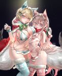  2girls 9a-91_(girls&#039;_frontline) absurdres animal_ears ass blonde_hair blue_eyes blue_legwear blue_ribbon breasts cape claws commentary_request girls&#039;_frontline gloves hair_between_eyes hair_ornament hair_ribbon highres large_breasts looking_at_viewer mole mole_on_breast mole_under_eye mouth_hold multiple_girls navel pink_ribbon pottsness red_cape red_legwear red_scarf ribbon scarf shiny shiny_hair short_hair silver_hair small_breasts snowflake_hair_ornament standing tail thighhighs twitter_username vsk-94_(girls&#039;_frontline) white_gloves 