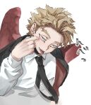  akanbe barururunru blonde_hair boku_no_hero_academia choker earrings eye_contact eyeliner feathered_wings hawks_(boku_no_hero_academia) highres index_finger_raised jacket jacket_lining jewelry looking_at_another looking_at_viewer makeup necktie red_wings shirt short_hair stud_earrings tongue tongue_out white_shirt wings yellow_eyes 