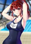  1girl anna_(fire_emblem) armpits arms_behind_head arms_up bangs blue_swimsuit blurry blurry_background blush breasts closed_mouth collarbone commentary_request covered_navel eyebrows_visible_through_hair fire_emblem hair_between_eyes indoors large_breasts long_hair looking_at_viewer one-piece_swimsuit ponytail pool red_eyes red_hair rei_no_pool school_swimsuit sideboob sidelocks smile solo swimsuit tara_(szzj7733) upper_body 