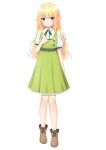  1girl akatsuki_usagi blonde_hair blue_eyes boots brown_footwear dress elf eyebrows eyebrows_visible_through_hair full_body green_dress hand_on_own_chest highres long_hair looking_at_viewer original pointy_ears shirt short_sleeves simple_background smile solo white_background white_shirt 