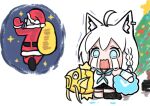  1boy 1girl @_@ ahoge alternate_color animal_ears blue_eyes braid chibi christmas christmas_tree crying crying_with_eyes_open fox_ears gomrang hat highres hololive kneeling magikarp pokemon sack santa_claus santa_hat shiny_pokemon shirakami_fubuki streaming_tears tears twitter_verified_checkmark virtual_youtuber walking_away waving white_hair 