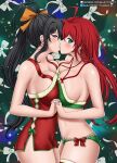  2girls baileymcpatty bikini black_hair blue_eyes bow breast_press breasts christmas_tree dress eyebrows_visible_through_hair fur-trimmed_dress fur_trim green_bikini green_bow green_panties hair_between_eyes hair_bow half-closed_eyes high_school_dxd himejima_akeno holding_hands kiss large_breasts looking_at_viewer looking_to_the_side multiple_girls panties patreon_username purple_eyes red_bow red_dress red_hair red_legwear rias_gremory santa_bikini shoulder_strap signature standing swimsuit symmetrical_docking thighhighs underwear yuri 