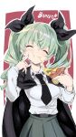  1girl :t anchovy_(girls_und_panzer) anzio_school_uniform bangs belt black_belt black_cape black_ribbon cape closed_eyes closed_mouth commentary dress_shirt drill_hair eating facing_viewer finger_to_cheek food girls_und_panzer green_hair grey_skirt hair_ribbon highres holding holding_food italian_text light_blush long_hair long_sleeves miniskirt motion_lines necktie outline pizza_slice pleated_skirt red_background ribbon school_uniform shirt skirt smile solo standing sutora_binsuke twin_drills twintails white_outline white_shirt wing_collar 