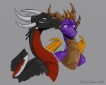  2021 activision anthro cosmicsevour cynder dragon duo facial_markings female head_markings horn long_neck male markings membrane_(anatomy) membranous_wings purple_body red_body signature simple_background spyro spyro_the_dragon video_games wings 