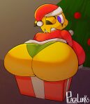  anthro big_breasts big_butt breasts butt cellulite christmas christmas_clothing christmas_headwear christmas_tree clothing container facial_markings felid female hat head_markings headgear headwear hi_res holidays huge_breasts huge_butt in_box in_container looking_back mammal markings pantherine panties parfait_(plaga) plaga plant present_box purple_eyes santa_hat solo sweater tiger topwear tree underwear yellow_body 