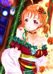  1girl :o bangs bare_shoulders blush braid breasts choker christmas christmas_ornaments christmas_tree cleavage collarbone cowlick cross-laced_dress decorations dress earrings flower highres indoors jewelry kimikoko_thanks lamp looking_at_viewer love_live! love_live!_sunshine!! medium_breasts moon night off-shoulder_dress off_shoulder open_mouth orange_hair red_choker red_dress red_eyes side_ponytail star_(symbol) star_choker takami_chika twitter_username upper_body white_flower window 