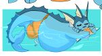  alley_cat_momo anthro bedroom_eyes belly big_belly black_sclera blue_body blue_skin blue_tail clothed clothing crossed_arms eeveelution fish_meat floating food food_in_mouth hi_res looking_at_viewer male meat narrowed_eyes nintendo orange_clothing orange_swimming_trunks orange_swimwear overweight overweight_anthro overweight_male partially_submerged pok&eacute;mon pok&eacute;mon_(species) pupils seductive shirtless shirtless_male solo swimming swimming_trunks swimwear topless topless_anthro topless_male vaporeon video_games white_pupils 