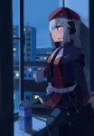  1girl absurdres bangs beret black_necktie blue_eyes braid breasts city cleavage_cutout clothing_cutout commentary cup girls&#039;_frontline hair_ornament hairclip hat headset highres hinami047 medium_breasts milk_carton mug necktie night ots-12_(girls&#039;_frontline) red_headwear silver_hair solo star_(symbol) star_hair_ornament symbol-shaped_pupils thighhighs twin_braids window 