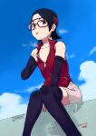  1girl bare_shoulders between_legs black_eyes black_hair black_legwear blue_sky boruto:_naruto_next_generations cloud collarbone covered_nipples dated glasses hand_between_legs headband knees_together_feet_apart naruto_(series) red-framed_eyewear red_headband short_hair signature sitting skindentation sky solo steam steaming_body sweat thighhighs tsukudani_(coke-buta) uchiha_sarada zipper zipper_pull_tab 