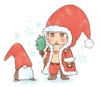 1boy bara blank_stare blush chibi christmas creature facial_hair full_body fur-trimmed_jacket fur_trim goatee hat jacket long_sideburns male_focus multicolored_hair muscular muscular_male open_clothes open_jacket pectoral_cleavage pectorals red_jacket santa_costume santa_hat short_hair sideburns snowflakes solo sparkling_eyes tokyo_afterschool_summoners tomte_(housamo) tsuna_(so_da77) two-tone_hair 
