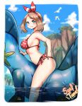  1girl blue_eyes breasts brown_hair highres kenron_toqueen large_breasts may_(pokemon) pokemon pokemon_(game) pokemon_oras riding sideboob smile swampert swimsuit water wingull 