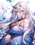  1girl bangs bare_shoulders blue_eyes blue_kimono breasts bug butterfly cleavage commentary_request hair_between_eyes highres horns japanese_clothes kimono komeshiro_kasu large_breasts long_sleeves looking_at_viewer nail_polish off_shoulder oni oni_horns original own_hands_together parted_lips pointy_ears silver_hair solo upper_body 